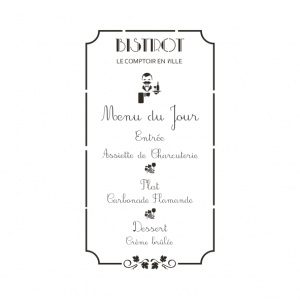 Pochoir,Comptoir en ville, bistro, blois, loir et cher, france, dumazel, fait main, menu.