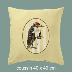 Coussin le serviteur, garçon de café, service, oiseau, dumazel, france, blois, loir et cher.