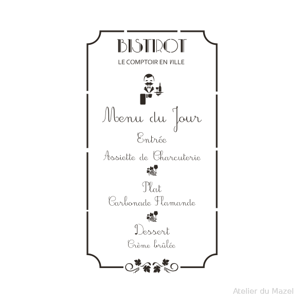 Pochoir,Comptoir en ville, bistro, blois, loir et cher, france, dumazel, fait main, menu.