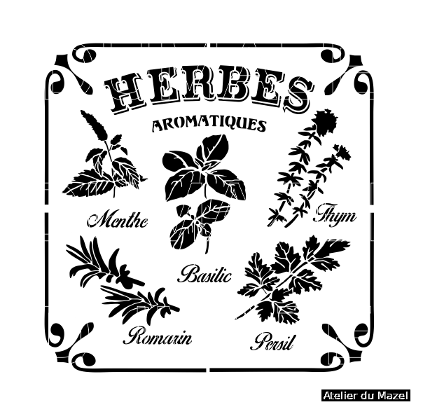 pochoir Herbes aromatiques, jardin, plaque décoratives, france, blois, loir et cher.