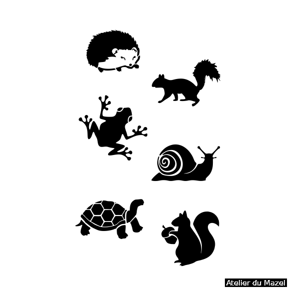 Pochoir petits animaux, herisson, écureuil, grenouille, escargot, tortue.