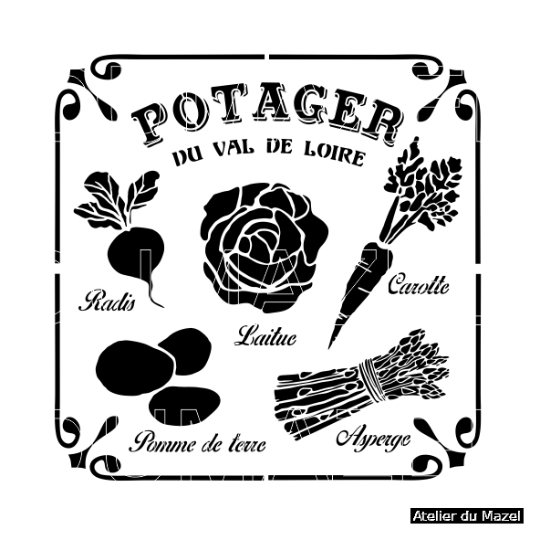 Pochoir Potager du val de loire, legumes, pancarte, blois, loir et cher, france.