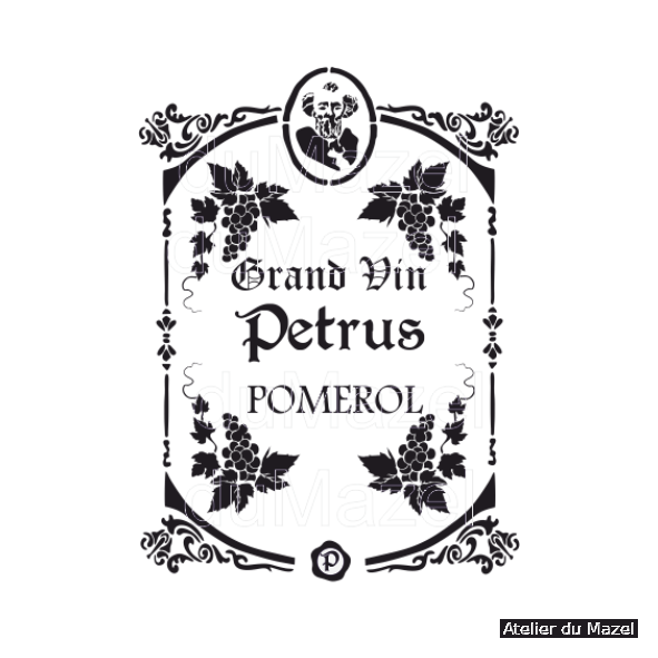 pochoir Baccus, pomerol, vin, petrus, vignoble, rasin, etiquette vin, vignoble, france, fait main, france, blois, loir et cher.