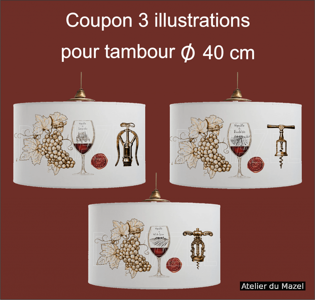Coupon abat-jour, coupon tissu, tambour, abat-jour, raisins, vin, baccus, bordelais, france, val de loire, loir et cher, fait mains