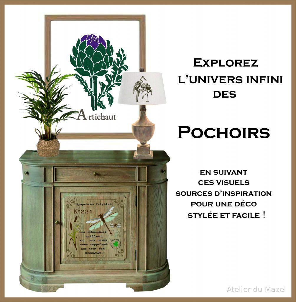 Pochoirs libellules, artichaut, hérons, dumazel,demasel, france, loir et cher, fait main