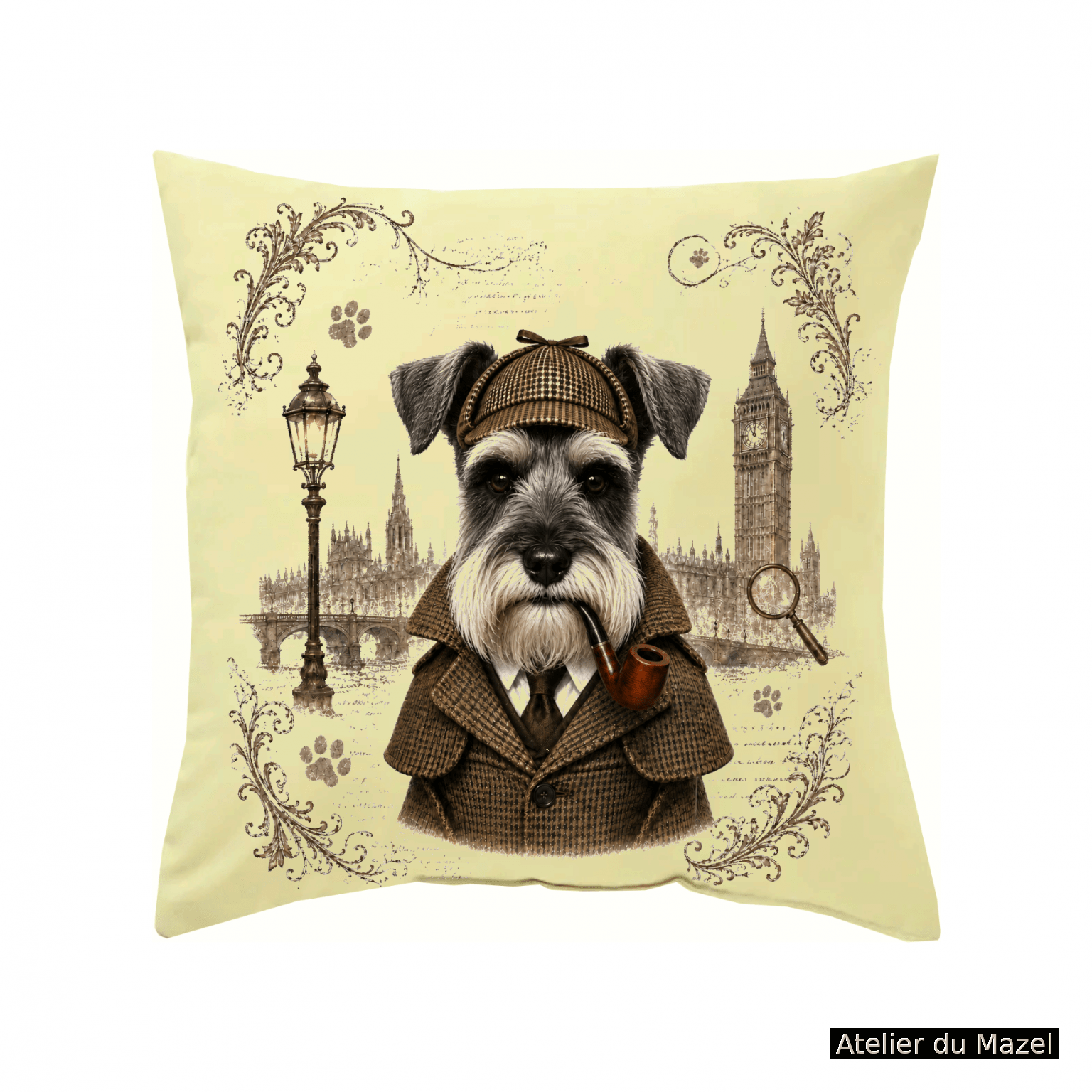 Housse de coussin Schnauzer Monsieur ou Madame Sherlock