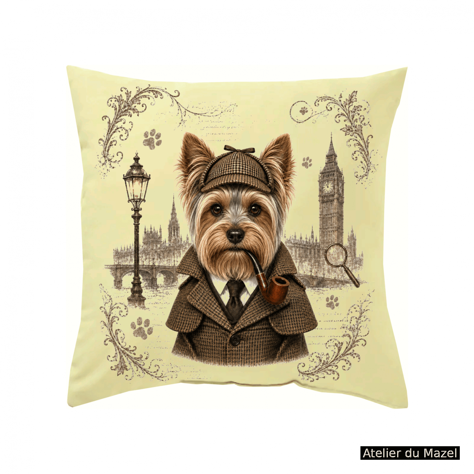 Housse de coussin Yorshire Monsieur ou Madame Sherlock